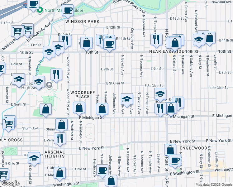 map of restaurants, bars, coffee shops, grocery stores, and more near 620 Jefferson Avenue in Indianapolis