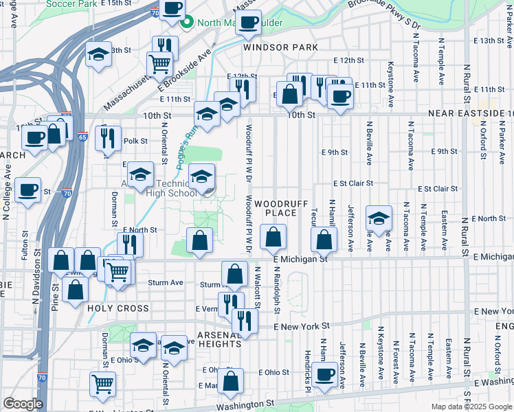 map of restaurants, bars, coffee shops, grocery stores, and more near 701 Woodruff Place West Drive in Indianapolis