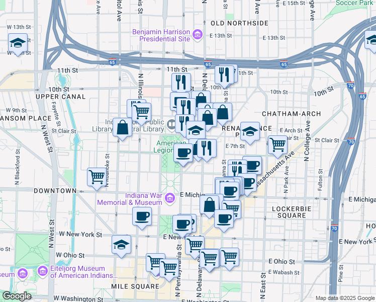 map of restaurants, bars, coffee shops, grocery stores, and more near 701 North Pennsylvania Street in Indianapolis