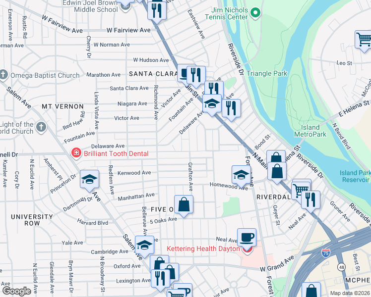 map of restaurants, bars, coffee shops, grocery stores, and more near 1105 Grafton Avenue in Dayton