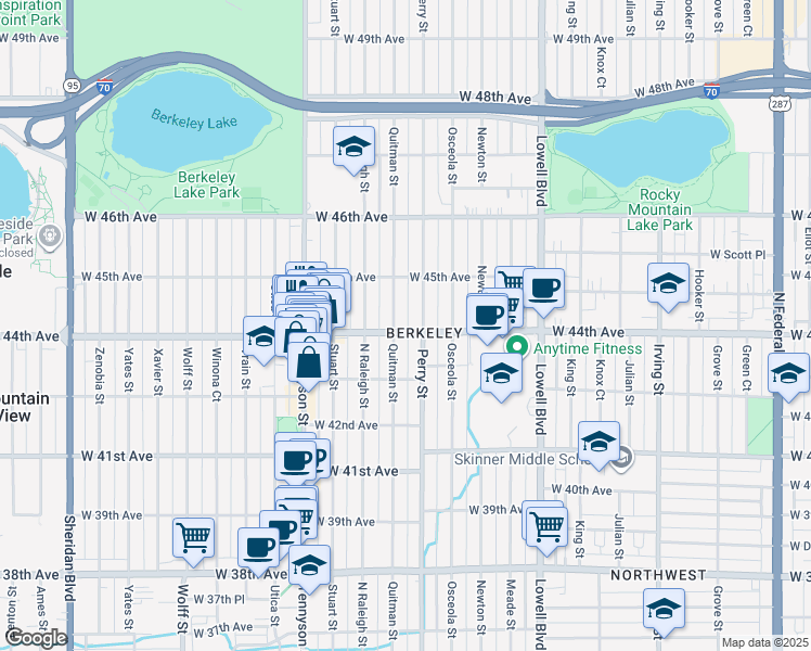 map of restaurants, bars, coffee shops, grocery stores, and more near 4421 Quitman Street in Denver