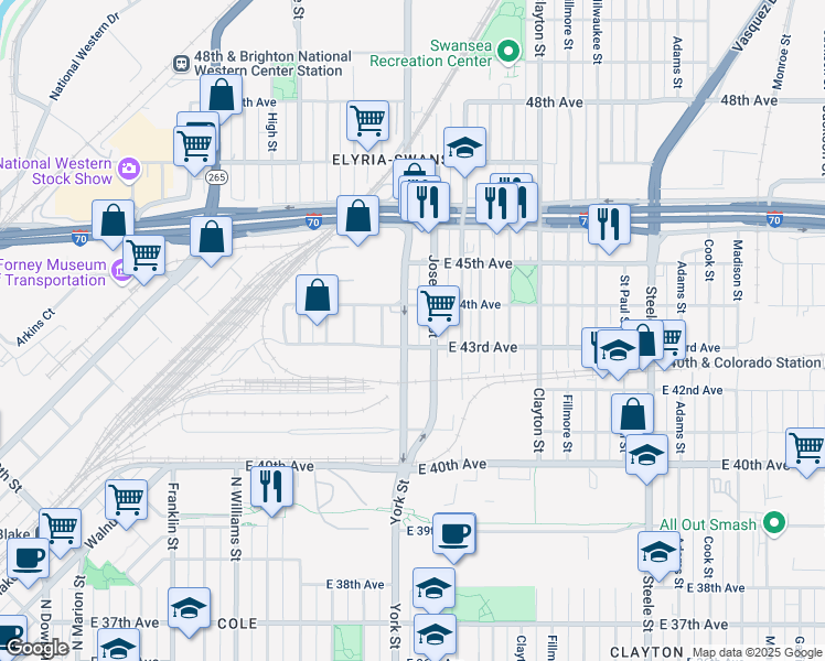 map of restaurants, bars, coffee shops, grocery stores, and more near 4328 York Street in Denver