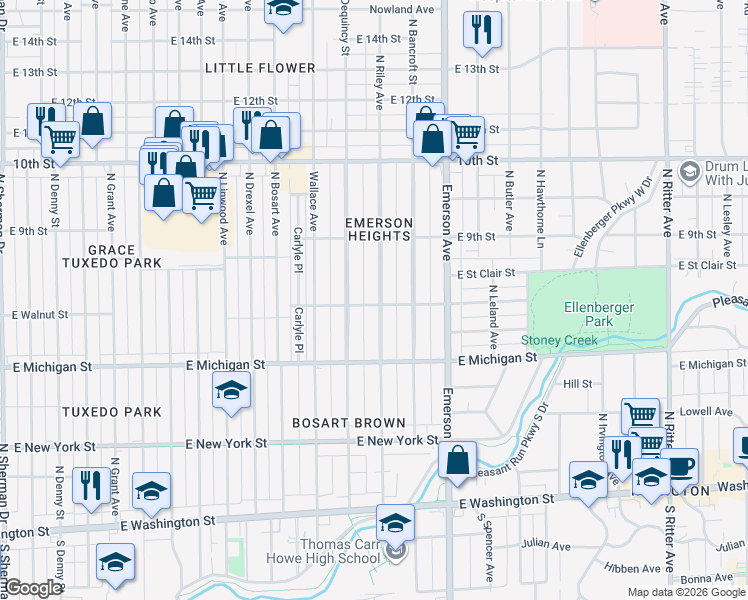 map of restaurants, bars, coffee shops, grocery stores, and more near 702 North Riley Avenue in Indianapolis