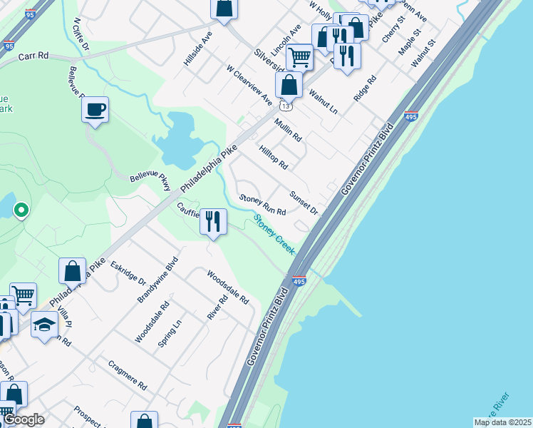 map of restaurants, bars, coffee shops, grocery stores, and more near 39 Stoney Run Road in Wilmington