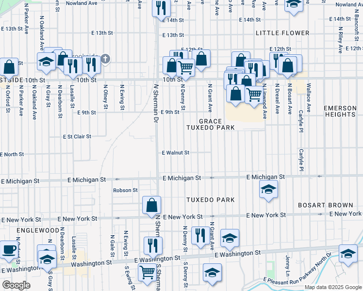 map of restaurants, bars, coffee shops, grocery stores, and more near 716 North Denny Street in Indianapolis