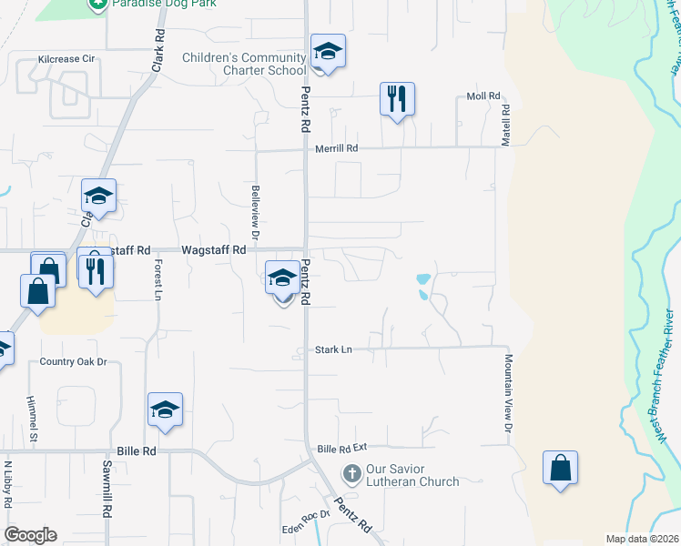 map of restaurants, bars, coffee shops, grocery stores, and more near 6656 Pentz Road in Paradise