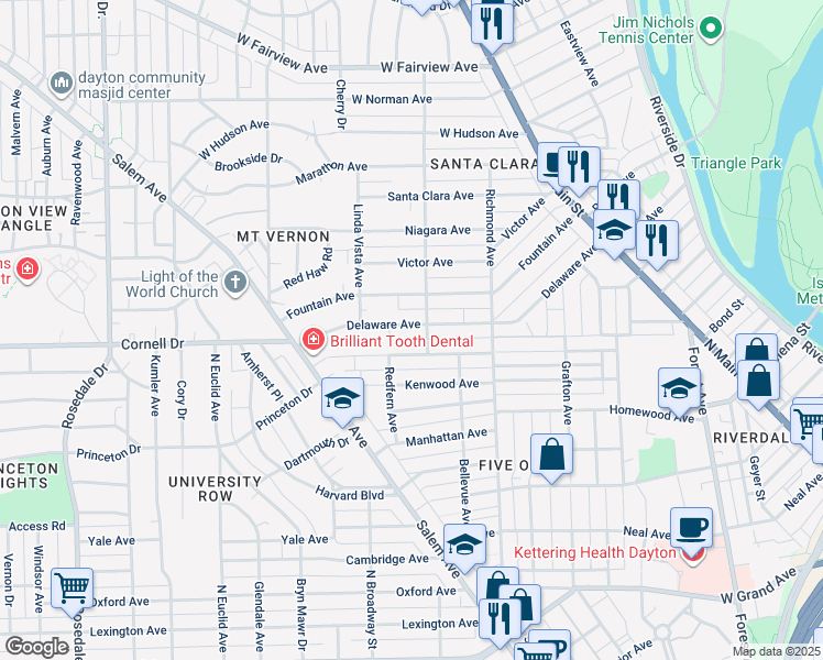 map of restaurants, bars, coffee shops, grocery stores, and more near 410 Delaware Avenue in Dayton