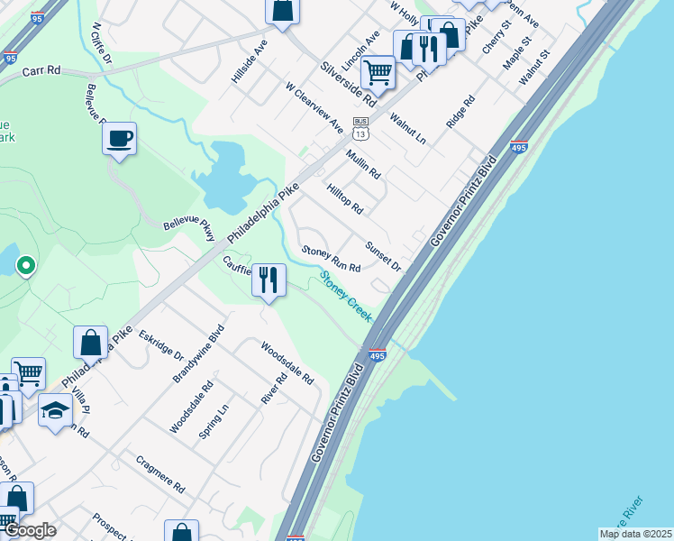 map of restaurants, bars, coffee shops, grocery stores, and more near 39 Stoney Run Road in Wilmington