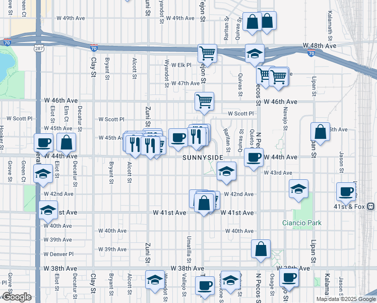 map of restaurants, bars, coffee shops, grocery stores, and more near 4415 Umatilla Street in Denver