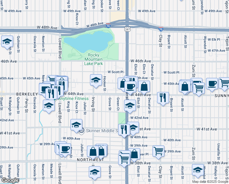 map of restaurants, bars, coffee shops, grocery stores, and more near 3105 West 44th Avenue in Denver