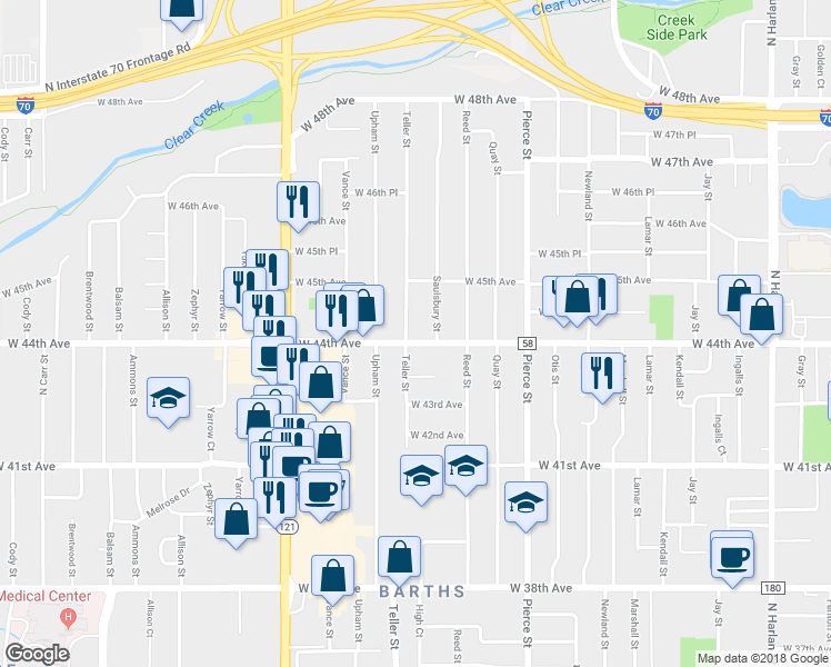 map of restaurants, bars, coffee shops, grocery stores, and more near 7125 West 44th Avenue in Wheat Ridge