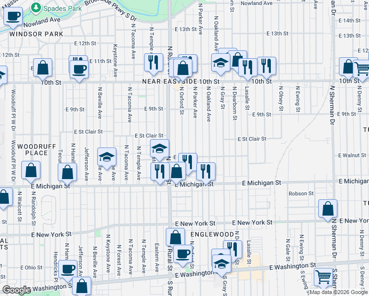 map of restaurants, bars, coffee shops, grocery stores, and more near 621 North Oxford Street in Indianapolis