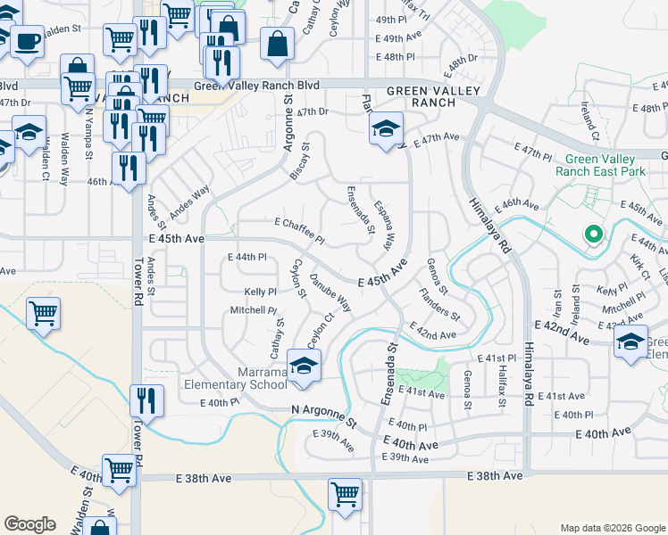 map of restaurants, bars, coffee shops, grocery stores, and more near 19221 East 45th Avenue in Denver