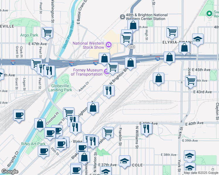 map of restaurants, bars, coffee shops, grocery stores, and more near in Denver