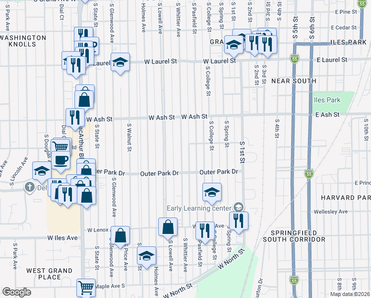 map of restaurants, bars, coffee shops, grocery stores, and more near 2152 South Whittier Avenue in Springfield