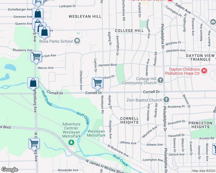 map of restaurants, bars, coffee shops, grocery stores, and more near 1617 Kipling Drive in Dayton