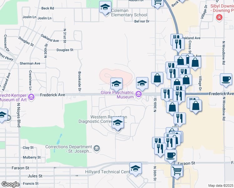 map of restaurants, bars, coffee shops, grocery stores, and more near 3510 Frederick Avenue in Saint Joseph