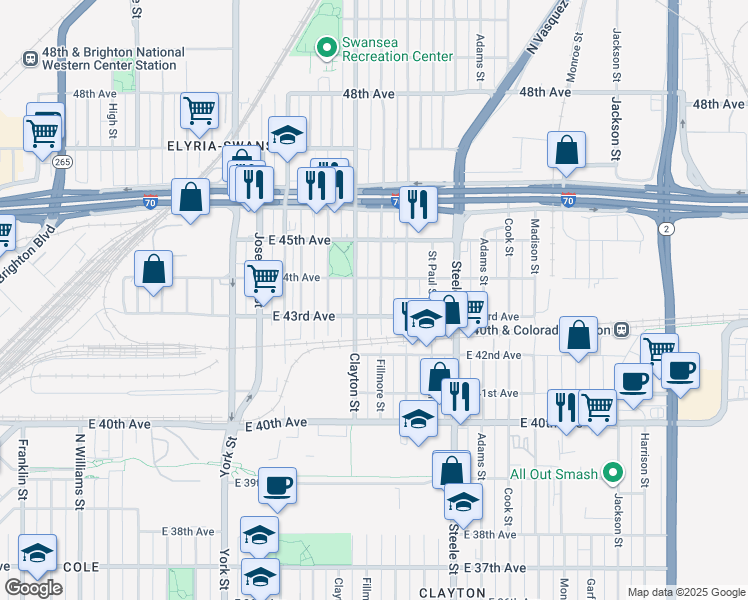 map of restaurants, bars, coffee shops, grocery stores, and more near 4325 Fillmore Street in Denver