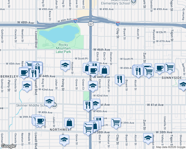 map of restaurants, bars, coffee shops, grocery stores, and more near 4429 Federal Boulevard in Denver