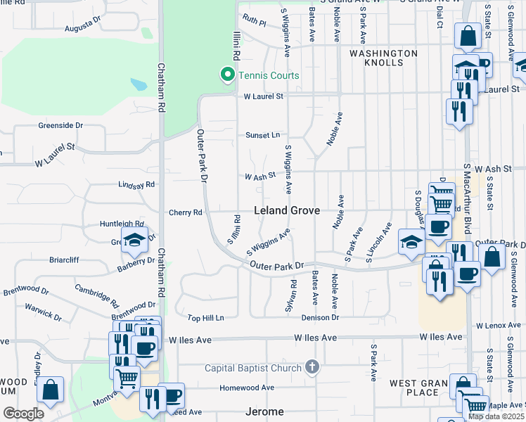 map of restaurants, bars, coffee shops, grocery stores, and more near 1635 Cherry Road in Leland Grove