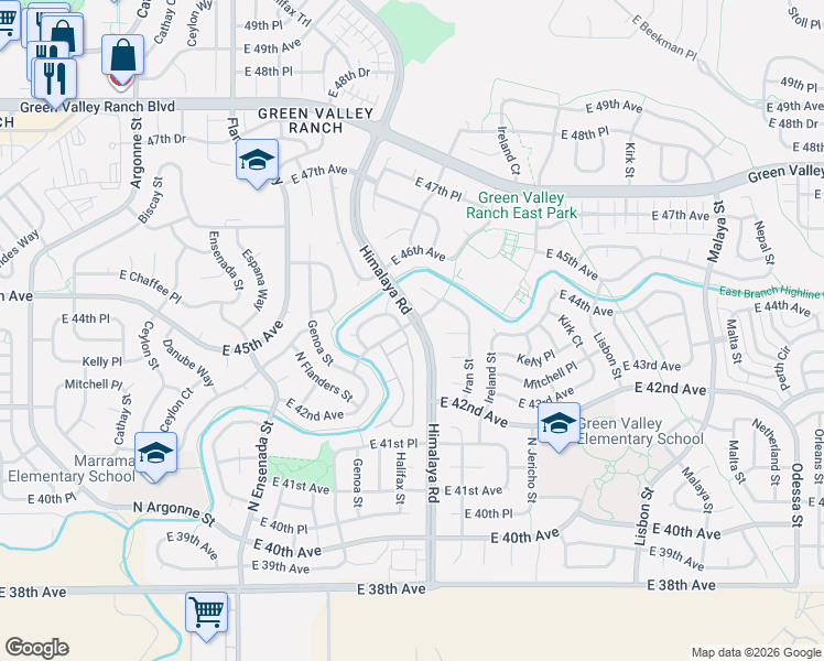 map of restaurants, bars, coffee shops, grocery stores, and more near 20000 East Mitchell Place in Denver