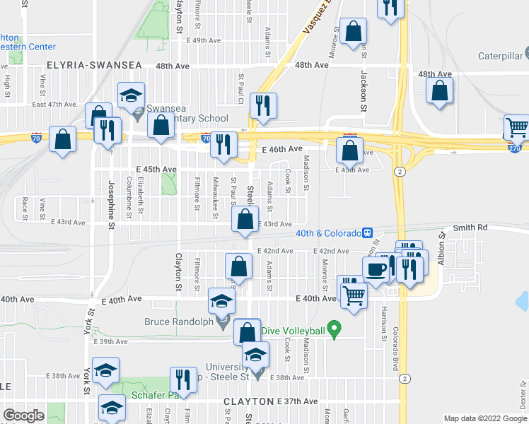 map of restaurants, bars, coffee shops, grocery stores, and more near 4325 Adams Street in Denver