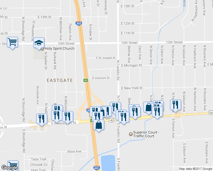 map of restaurants, bars, coffee shops, grocery stores, and more near 318 North Franklin Road in Indianapolis