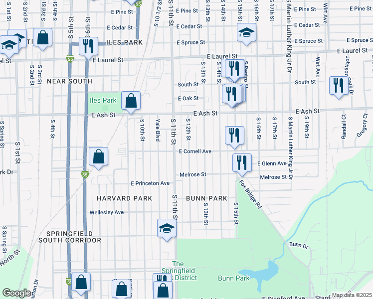 map of restaurants, bars, coffee shops, grocery stores, and more near 2179 South 12th Street in Springfield