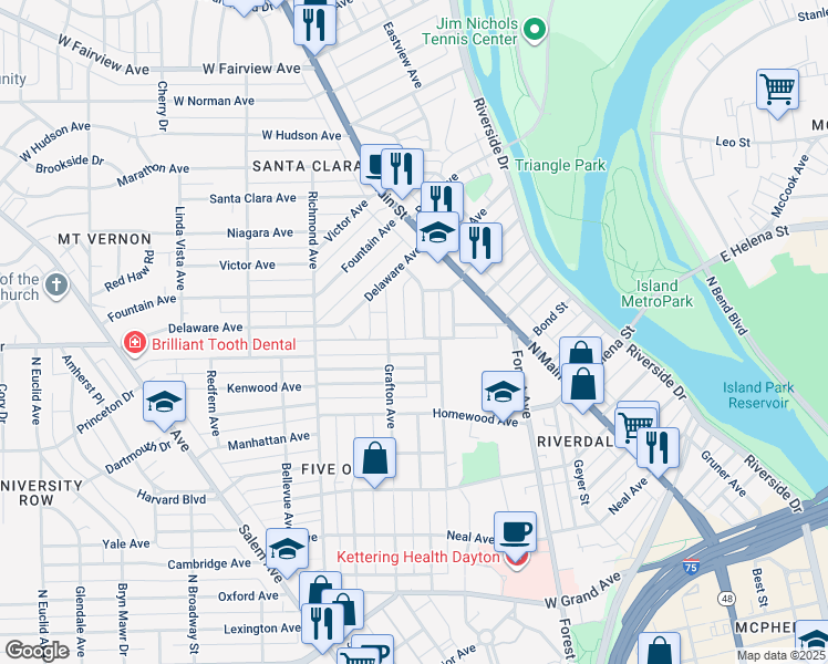 map of restaurants, bars, coffee shops, grocery stores, and more near 607 Rockford Avenue in Dayton