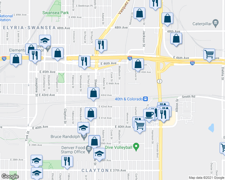 map of restaurants, bars, coffee shops, grocery stores, and more near 4306 Cook Street in Denver