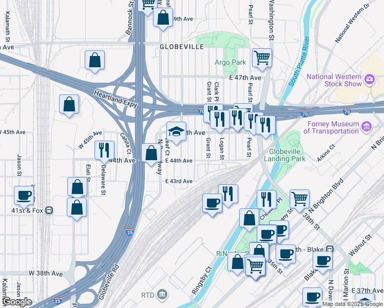 map of restaurants, bars, coffee shops, grocery stores, and more near 4417 Sherman Street in Denver