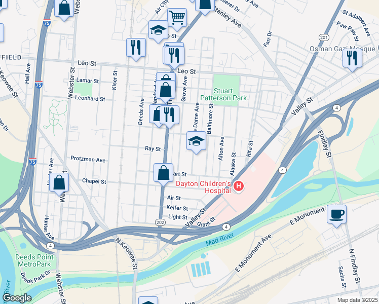 map of restaurants, bars, coffee shops, grocery stores, and more near 53 Notre Dame Ave in Dayton