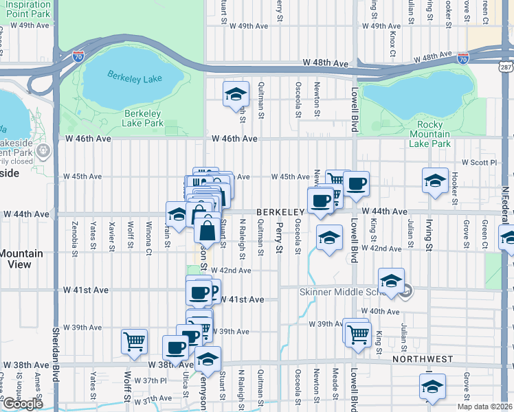 map of restaurants, bars, coffee shops, grocery stores, and more near 4415 Quitman Street in Denver