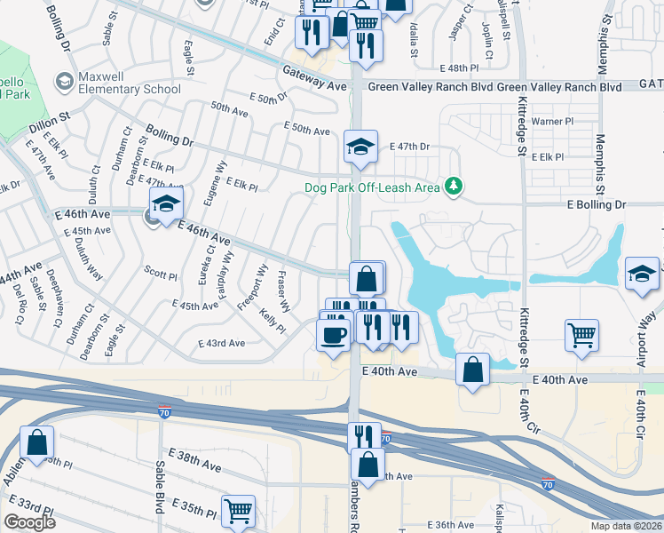 map of restaurants, bars, coffee shops, grocery stores, and more near 15185 East 46th Avenue in Denver