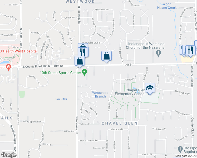 map of restaurants, bars, coffee shops, grocery stores, and more near 833 Winding Brook East Drive in Indianapolis