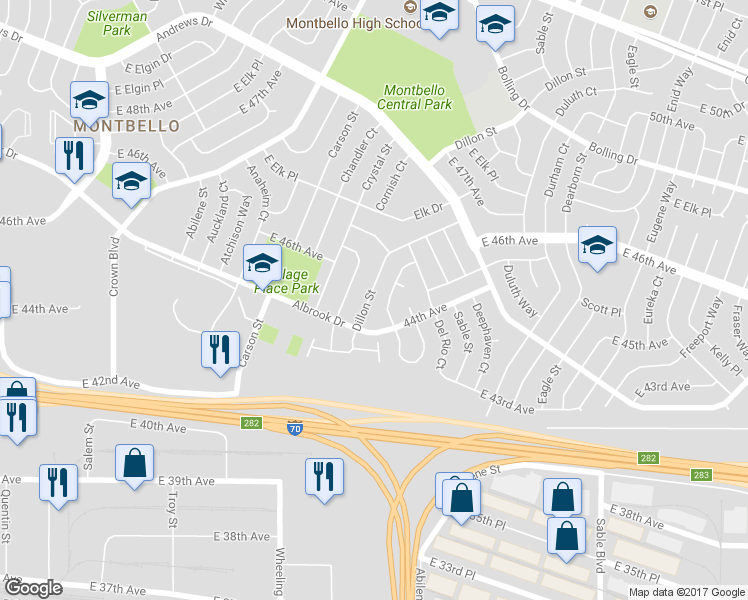 map of restaurants, bars, coffee shops, grocery stores, and more near 4520 Dillon Street in Denver