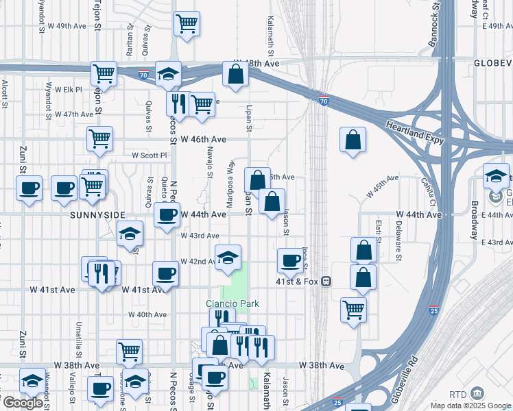 map of restaurants, bars, coffee shops, grocery stores, and more near 4400 Lipan Street in Denver