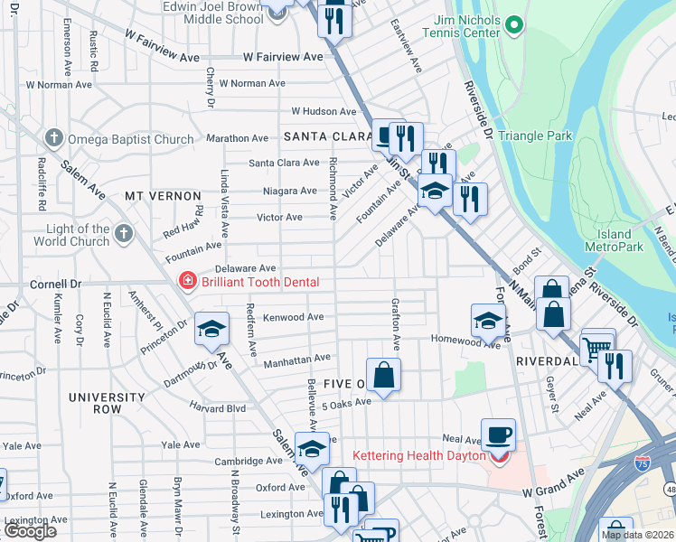 map of restaurants, bars, coffee shops, grocery stores, and more near 280 Delaware Avenue in Dayton