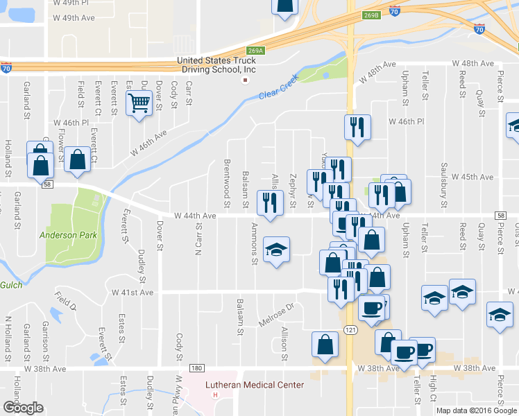 map of restaurants, bars, coffee shops, grocery stores, and more near 8035 West 44th Avenue in Wheat Ridge