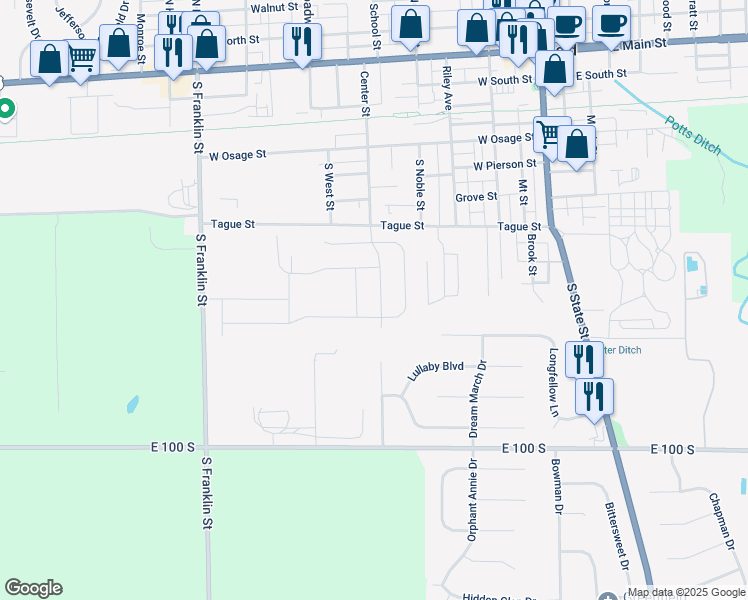 map of restaurants, bars, coffee shops, grocery stores, and more near 734 Center Street in Greenfield