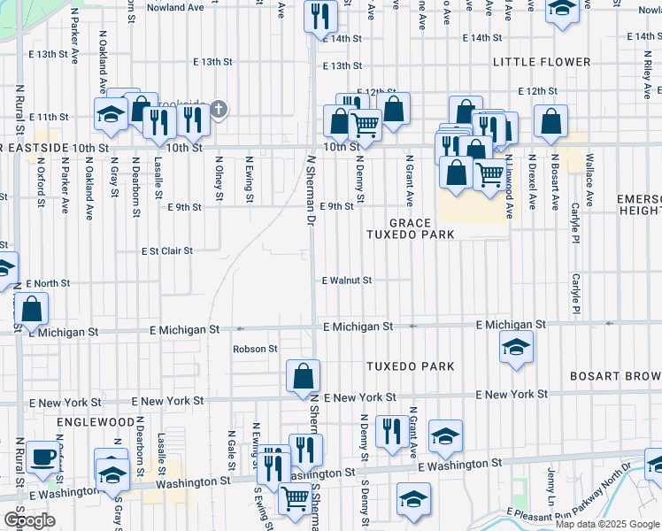 map of restaurants, bars, coffee shops, grocery stores, and more near 720 North Bradley Avenue in Indianapolis