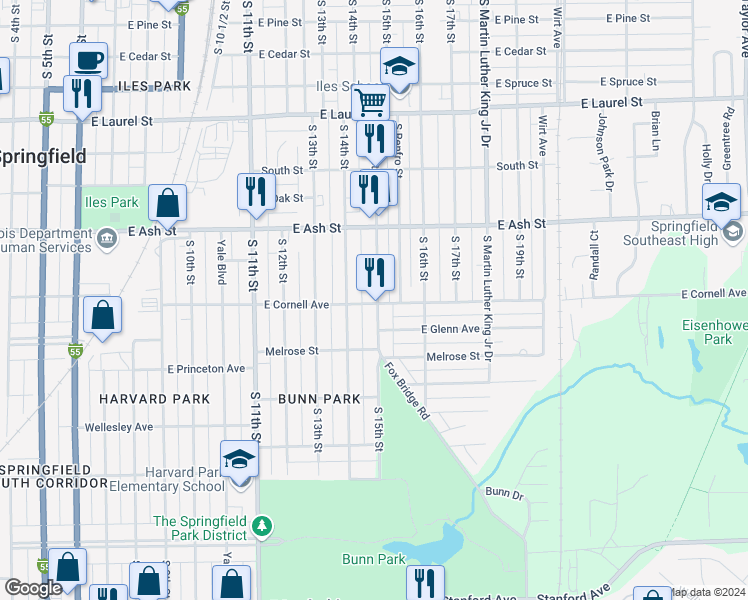 map of restaurants, bars, coffee shops, grocery stores, and more near 2181 South 15th Street in Springfield