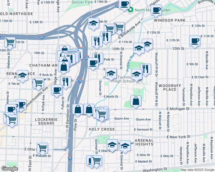 map of restaurants, bars, coffee shops, grocery stores, and more near 710 North Highland Avenue in Indianapolis