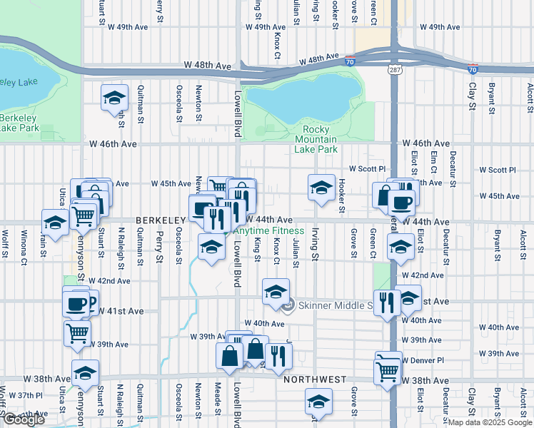 map of restaurants, bars, coffee shops, grocery stores, and more near 3465 West 44th Avenue in Denver