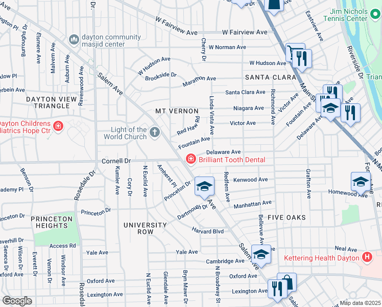 map of restaurants, bars, coffee shops, grocery stores, and more near 645 Delaware Ave in Dayton