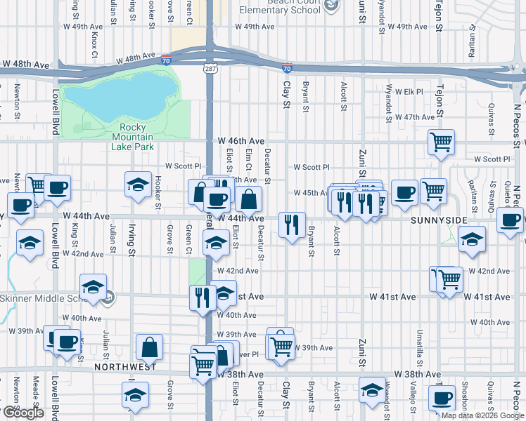 map of restaurants, bars, coffee shops, grocery stores, and more near 4430 Elm Court in Denver