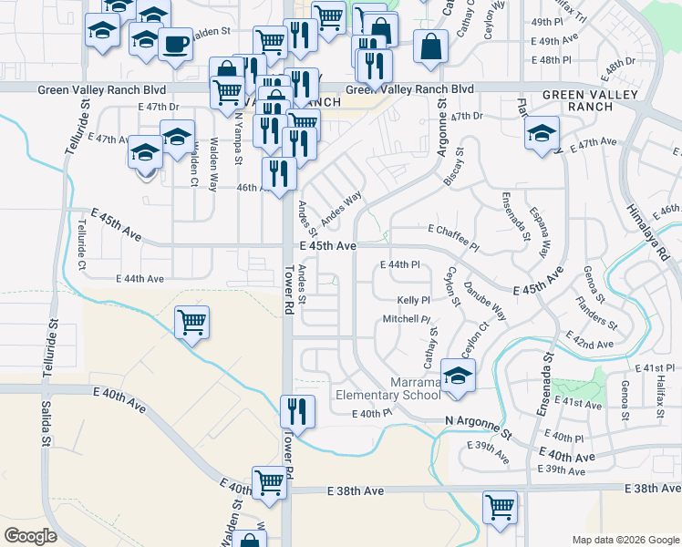map of restaurants, bars, coffee shops, grocery stores, and more near 4420 North Argonne Street in Denver