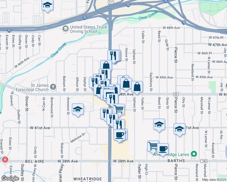 map of restaurants, bars, coffee shops, grocery stores, and more near 7575 West 44th Avenue in Wheat Ridge