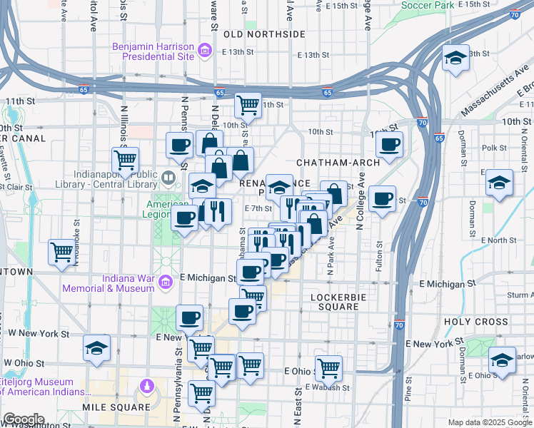 map of restaurants, bars, coffee shops, grocery stores, and more near 360 East Market Street in Indianapolis