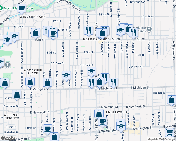 map of restaurants, bars, coffee shops, grocery stores, and more near 628 Eastern Avenue in Indianapolis